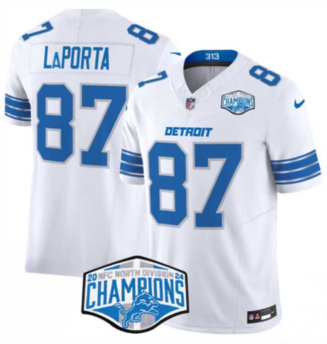 Mens Detroit Lions #87 Sam LaPorta White 2024 NFC North Champions F.U.S.E. Vapor Limited Stitched Jersey